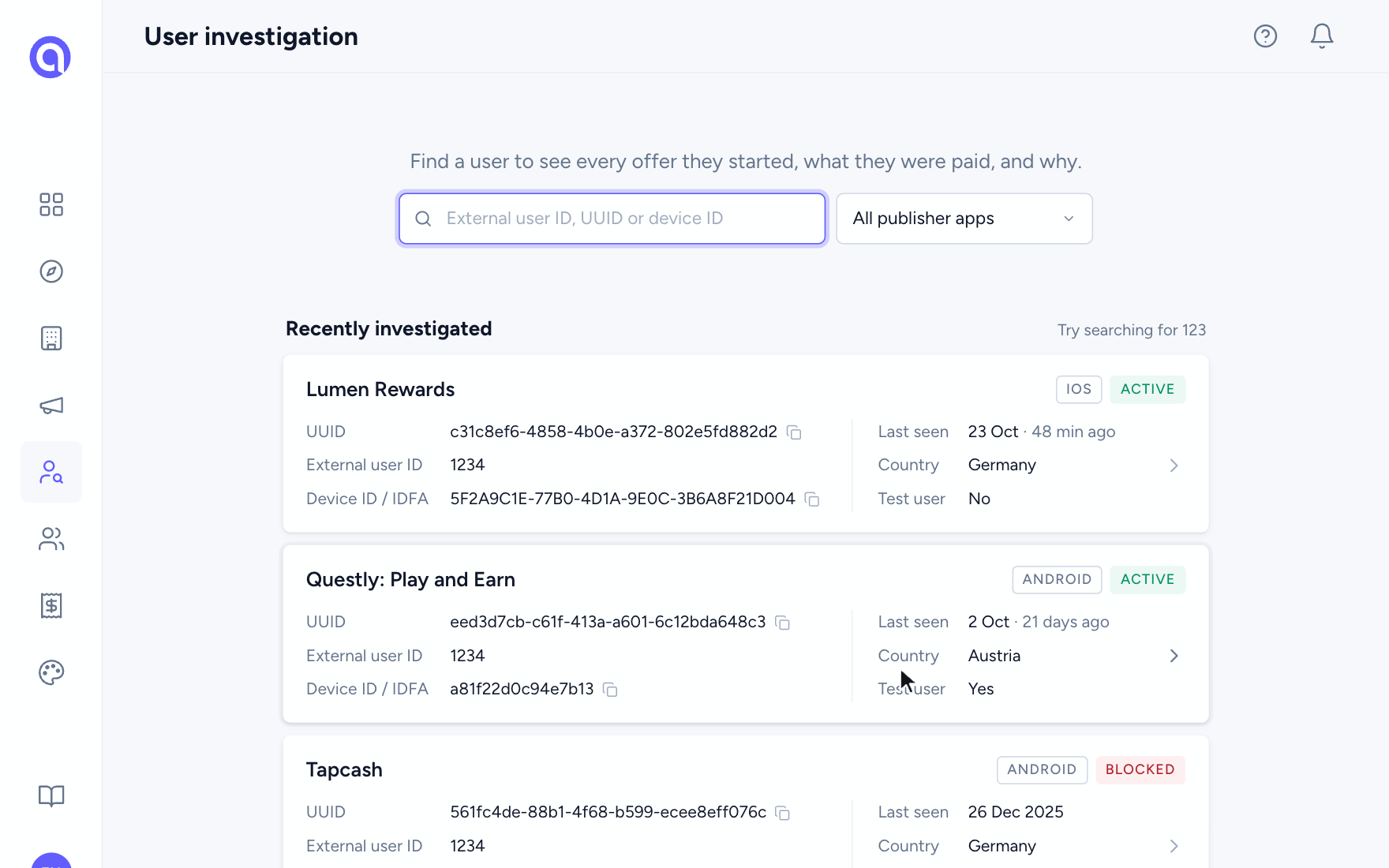 Searching for user 1234, opening an offer and landing on the reward history, where a withheld payout names the rule that held it