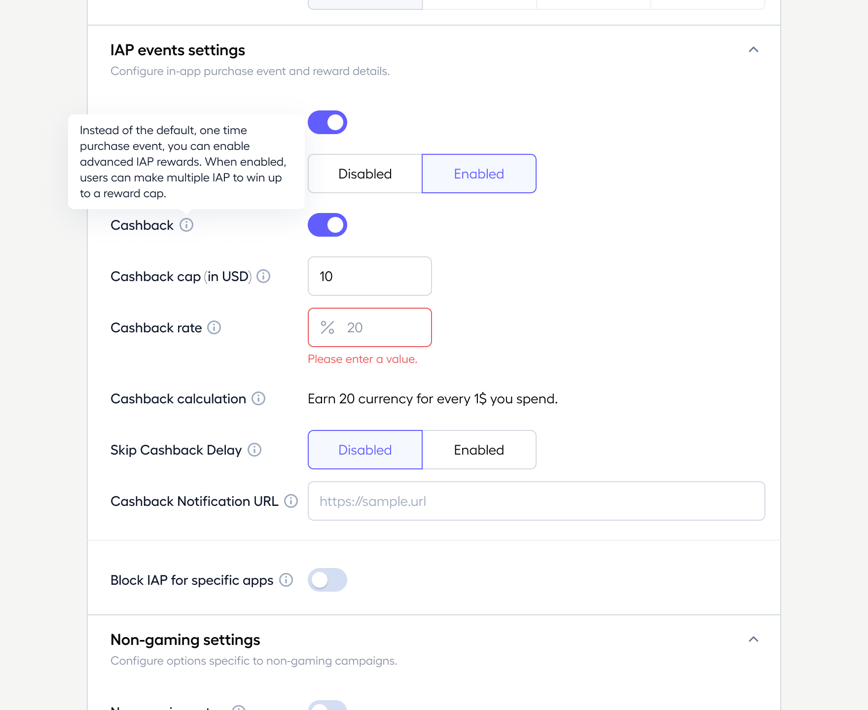 Inline validation showing cashback enabled and prompting for the required ratio and cap