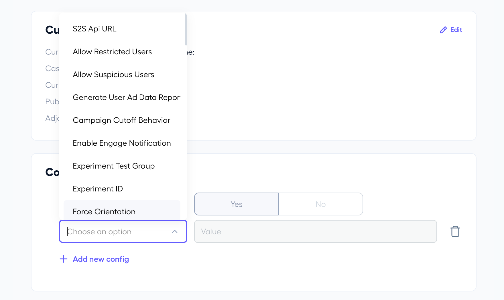 The original configuration dropdown, narrow, holding sixty plus backend named options with no descriptions