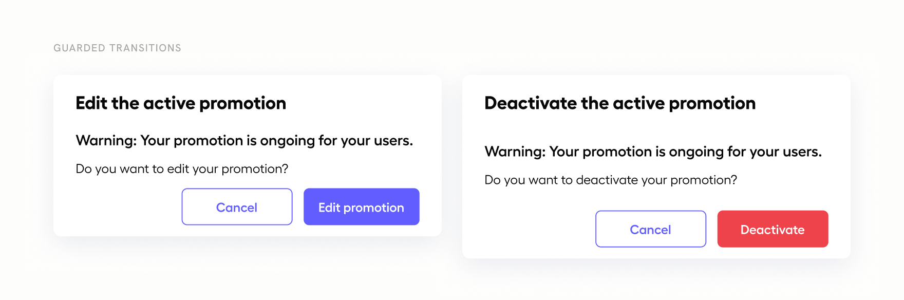 Two confirmation dialogs, one before editing a live promotion and one before deactivating it