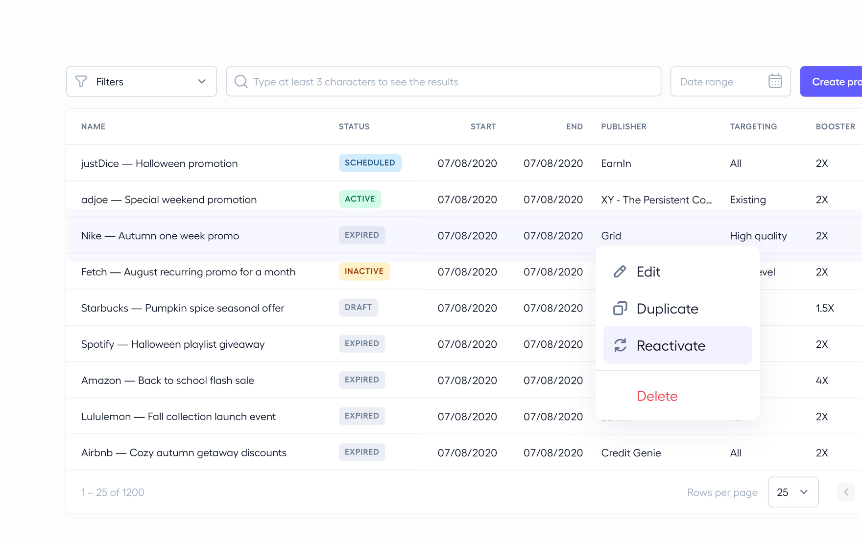 A promotions table showing lifecycle states with the reactivate action open