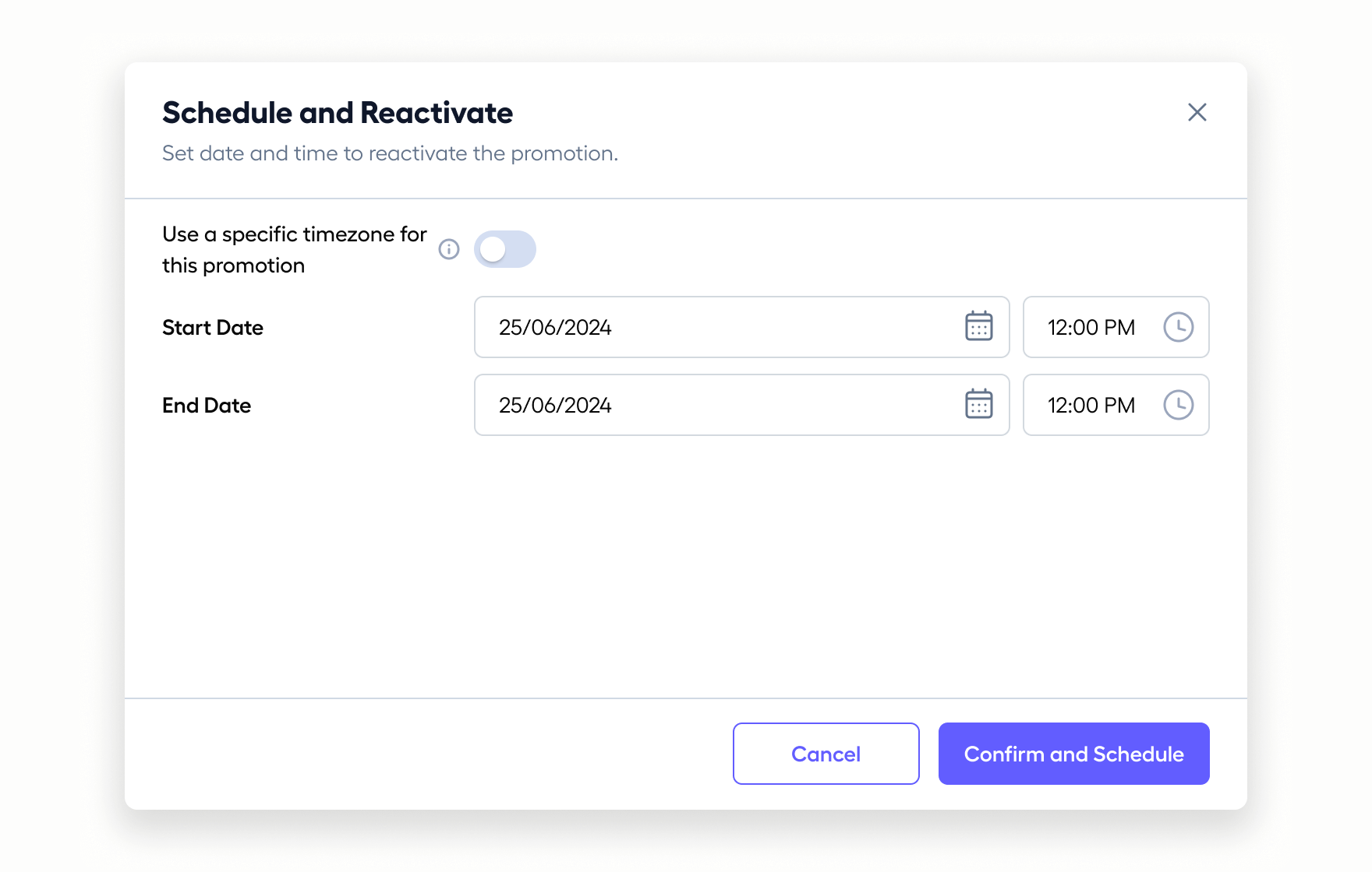A schedule and reactivate modal asking only for a new start and end window, with an optional timezone