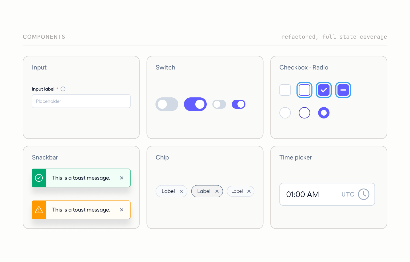 Six refactored components: input, switch, checkbox and radio, snackbar, chip and time picker