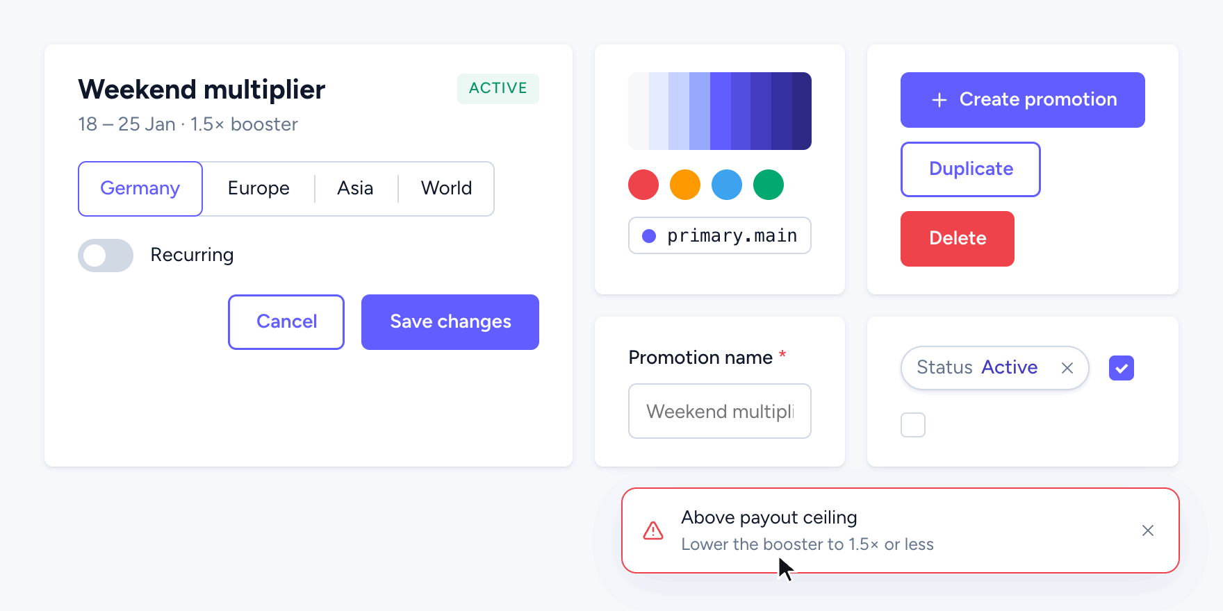 Shared components in use: a segmented control, switch, buttons pressed through their states, an input, a checkbox and two toasts