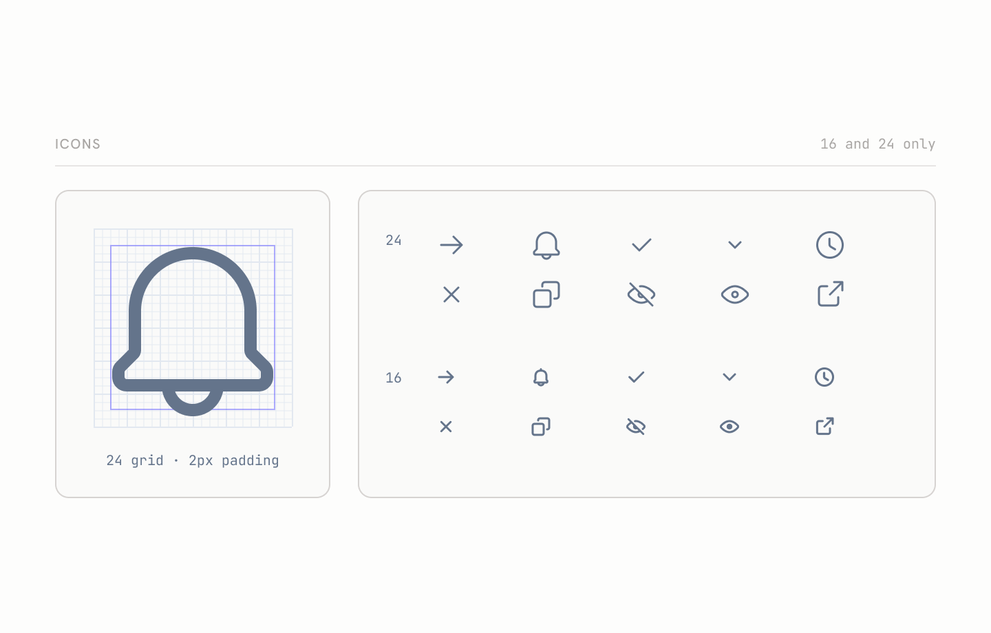 An icon magnified on its 24 pixel grid, beside the set drawn at the two permitted sizes, 16 and 24