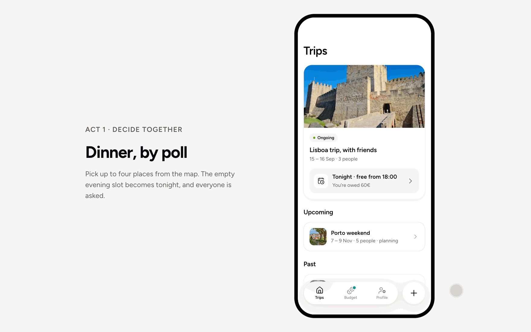 Screen recording: an empty evening slot becomes a dinner poll with three places picked from a map, and the poll is sent to the group